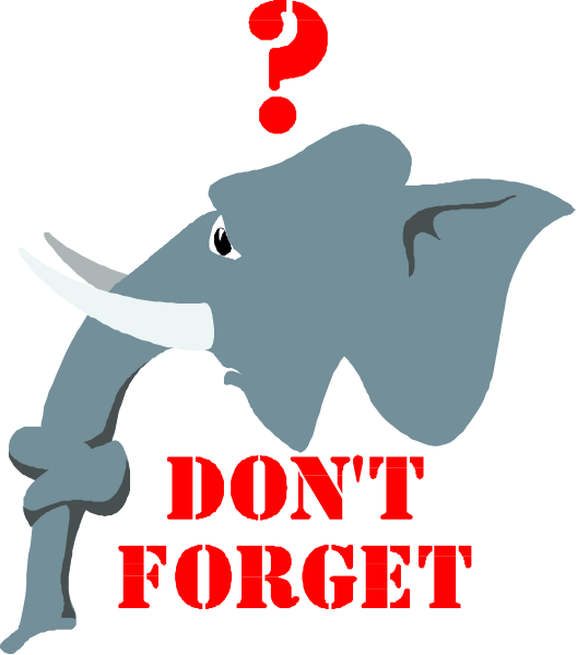 The image features a cartoon elephant with tusks holding up an exclamation mark over its head on top of text that reads "DON'T FORGET."