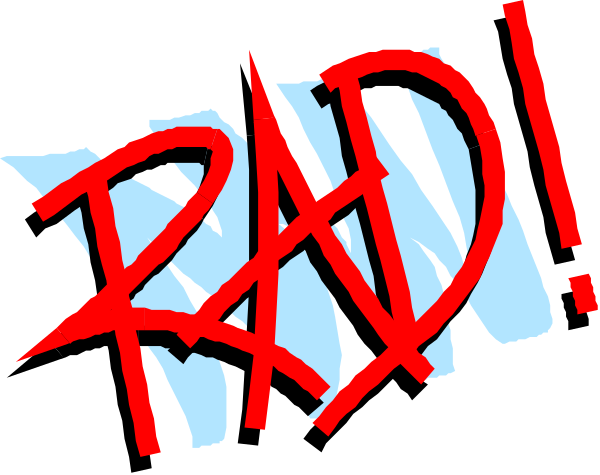 The image shows a graphic with text that reads "RAD" prominently at the top right corner against an otherwise black background. Below this word is another smaller piece of white text reading "BAD." To the left side, there's a red exclamation mark and to its immediate right, two vertical lines resembling lightning bolts or stylized flames in blue coloring. The overall style appears cartoonish with bold outlines around each element.