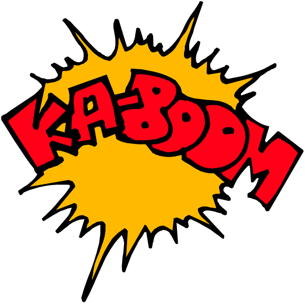 The image shows a black background with two comic book sound effects: "KABOOM" on top left corner and "BOOM!" in red text at bottom right corner.