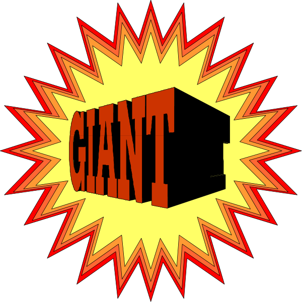 The image shows a graphic with an explosion effect around it featuring two words: "Giant" at top left corner of the burst in bold red letters on yellow background; below that is another word "BIGGER," also written in large, capitalized white text against black background inside the same explosive design.