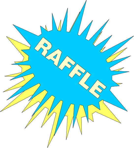 The image shows a blue explosion graphic with "RAFFLE" written on it against a black background.
