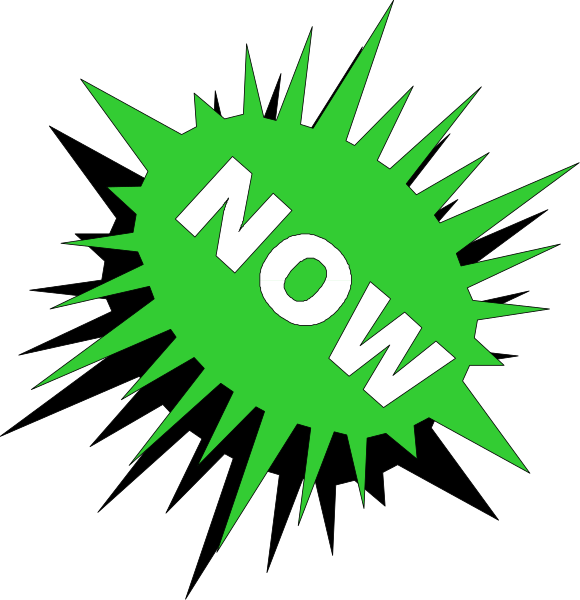 The image shows a graphic with an explosion effect around text that reads "NOW" on top of it against a black background.
