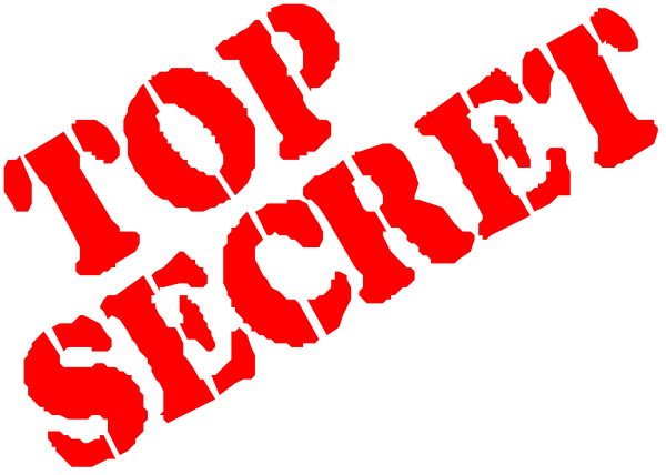 The image shows a red stamp with white text that reads "STOP SECRET" overlaid on top of an illustration depicting what appears to be a secretive scene involving two individuals engaged in conversation, one holding papers and another pointing at them while standing behind a desk or counter labeled 'SECRETS'.