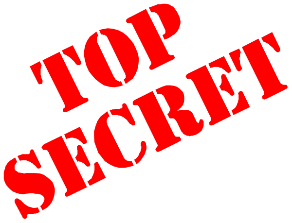 The image shows a stamp that reads "TOP SECRET" with an exclamation mark on it placed over what appears to be a secret document in black ink against a white background.