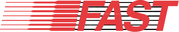 The image shows a logo with text that reads "FAST" on it against an abstract background featuring red lines suggesting speed.