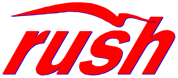 The image shows a logo with text that reads "RUSH" on it against an orange background.