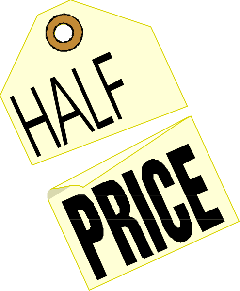 The image shows a price tag with "HALF PRICE" written on it next to another sign that says "PRICE."