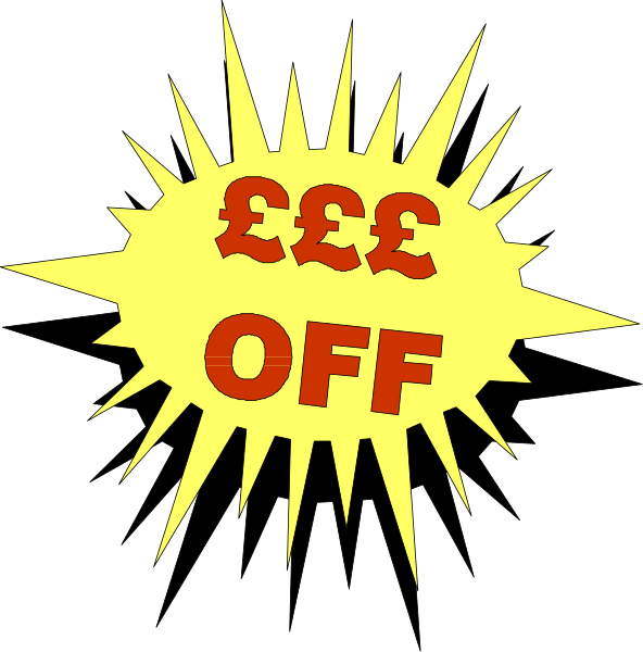 The image shows a black background with two signs on it: an explosion graphic signifying sale or discount (top) and another one that says "£3 off" in red text below it.