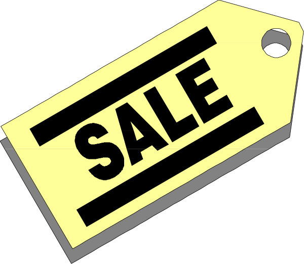 The image shows a yellow sale sign with black text next to an actual price tag that has been cut out of it.