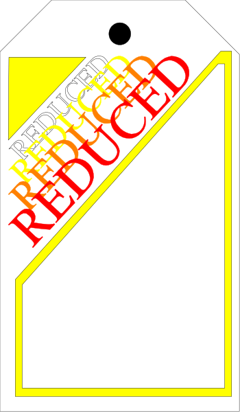 The image shows a sign with text that reads "REDUCED" on it overlaid onto an illustration of what appears to be a tag hanging from something yellow in color.