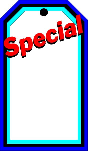 The image shows a tag with text that reads "SPECIAL" on it against a blue background inside an orange border.