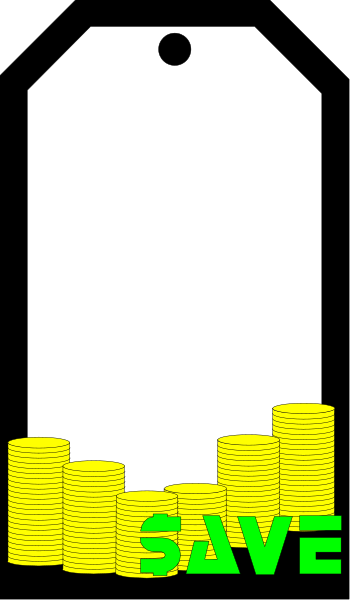 The image shows a white price tag with money piled up underneath it on either side of an arrow pointing to "SAVE."