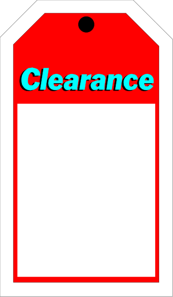 The image shows a red tag with white text that says "CLEARANCE" on it hanging from an object which is partially visible in gray tones at its bottom right corner of the frame.