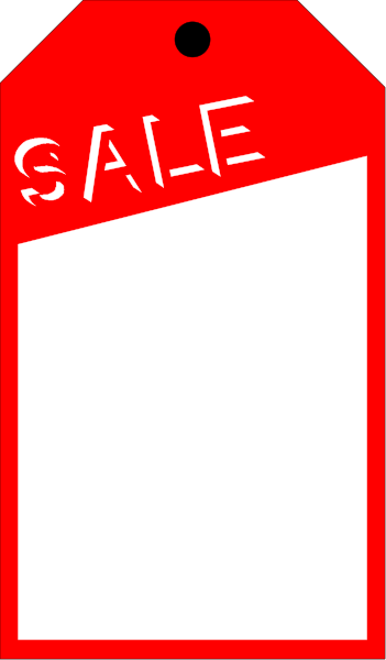 The image shows a red sale sign with white text on it against an indistinct background that appears to be grayish-brown in color.