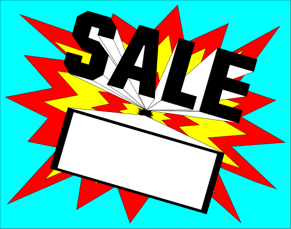 The image shows a graphic with two distinct sections: on top left there's an explosion effect featuring red, yellow, blue, white, black; below it is another section that has "SALE" written in bold letters and beneath it appears to be a price tag or sign indicating the item for sale.