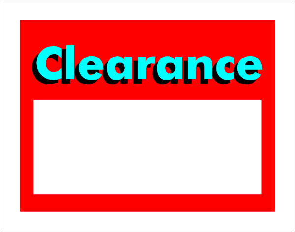 The image shows a red rectangular sign with white text that reads "CLEARANCE" on top of it against an indistinct background.