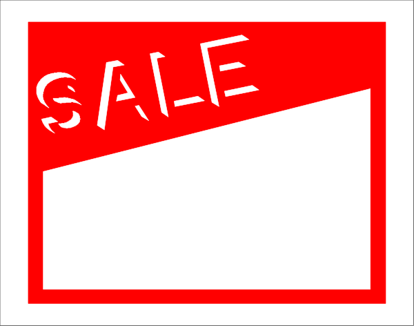 The image shows a red "SALE" sign with white text on it against an indistinct background that appears to be grayish-brown in color.