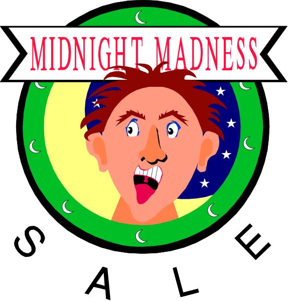 The image shows a cartoon of an animated character with exaggerated facial features inside what appears to be a circular emblem that resembles a badge or seal. Above this central figure is text in white font on a black background reading "MIDNIGHT MADNESS." To the left, there's another smaller image within it depicting an animated character with red hair and exaggerated facial features looking surprised to their right at something outside of the frame. The overall style suggests that this could be part of a logo or emblem for some sort of event related to "Mid