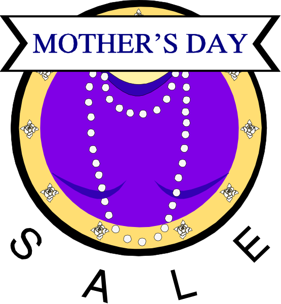 The image features a graphic design with text that reads "Mother's Day" atop an illustration of what appears to be a pearl necklace inside a circular frame outlined in purple.