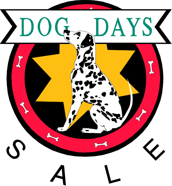 The image shows a black dog on top of an emblem with text that reads "DOG DAYS" around it in white letters against a red background at the bottom center part of the logo.