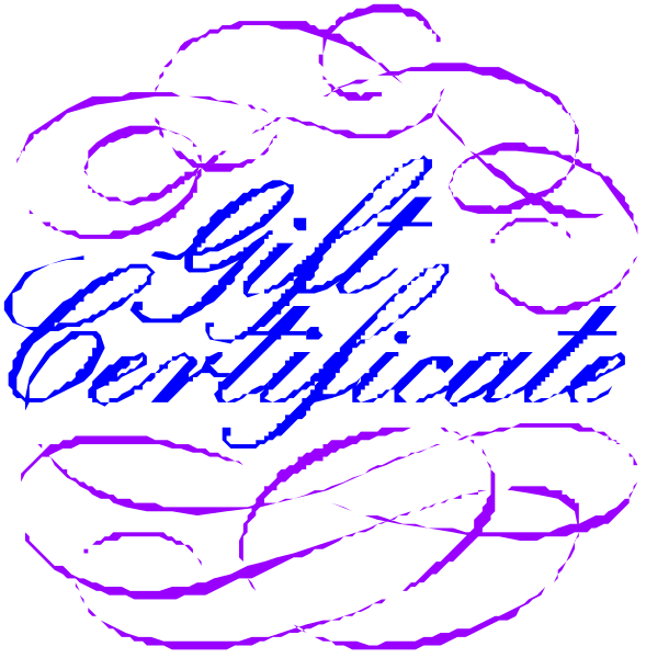 The images show a logo with text that reads "GIFT CERTIFICATE" on it against different backgrounds: one is purple with swirl designs around the edges; another has an intricate blue design in the center, and there's also a black-and-white version.
