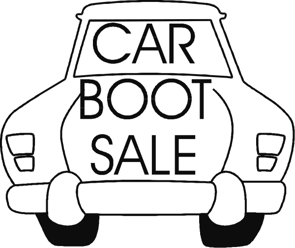 The black and white illustration shows a car boot sale sign with text that reads "CAR BOOT SALE" on top of an old-fashioned station wagon parked in front of it.