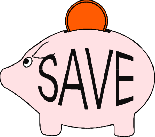 The image shows a cartoon pig with an orange sun on its head holding up a pink wallet labeled "SAVE" in white letters above it.