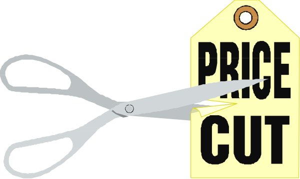 The image shows a pair of scissors cutting through price tags with text that reads "PRICE CUT."