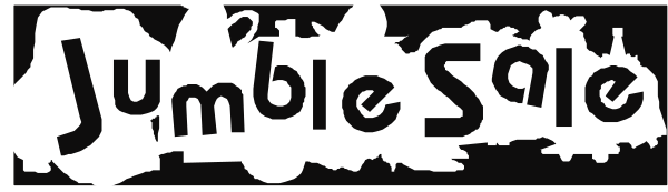 The image shows a sign with text that reads "JUMBLE SALE" on it.