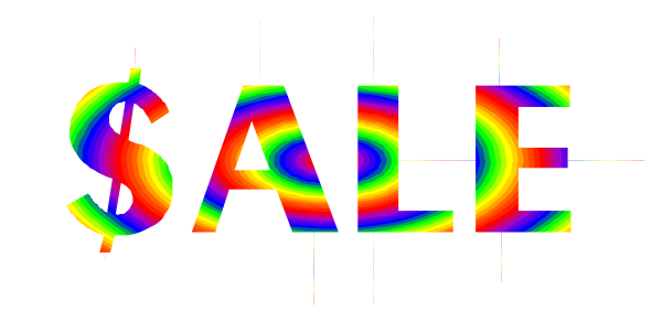 The image shows a sign with "SALE" written on it overlaid by rainbow colored text that reads "$ale".
