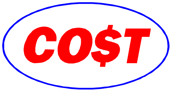 The image shows a logo with text that reads "COST" on top of an oval graphic resembling money bags, followed by "$ COST," suggesting it is related to financial costs; below this phrase there's another word in capital letters reading "SALE."