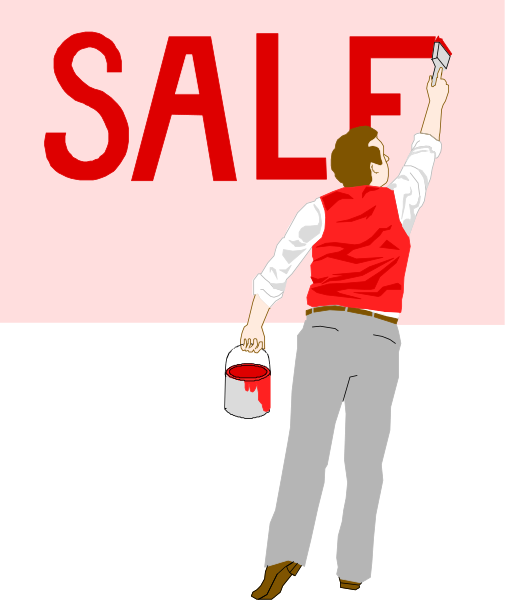 The illustration shows a man holding up his hand with an index finger extended towards a sign that reads "SALE" in large red letters on top of him against a pink background; he is wearing a white shirt and has brown hair, standing next to what appears to be a paint bucket.
