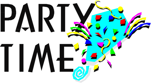 The image shows a colorful party hat with confetti falling from it against a white background.