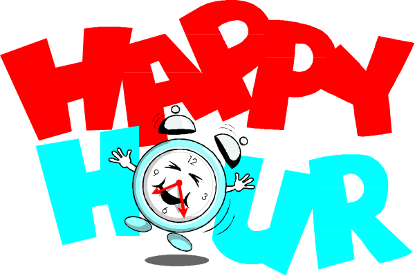 The image shows a cartoon character with an alarm clock for its head saying "Happy Hour" on top of it in red letters against blue background.