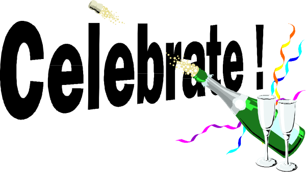 The image shows a cartoon of two champagne bottles with corks popping open while confetti flies around them against a black background.