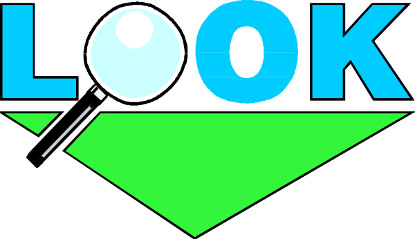 The image shows a stylized graphic with text that reads "LOOK" at an angle overlaid on top of what appears to be a simplistic representation of grassy terrain in green coloring against a light grey background, suggesting it might represent searching or looking for something within the context provided by the word.