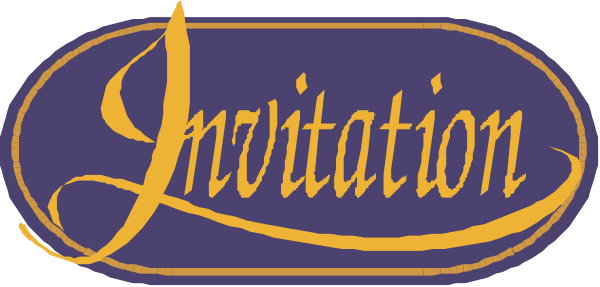 The image shows a purple invitation card with white text that reads "invitation."
