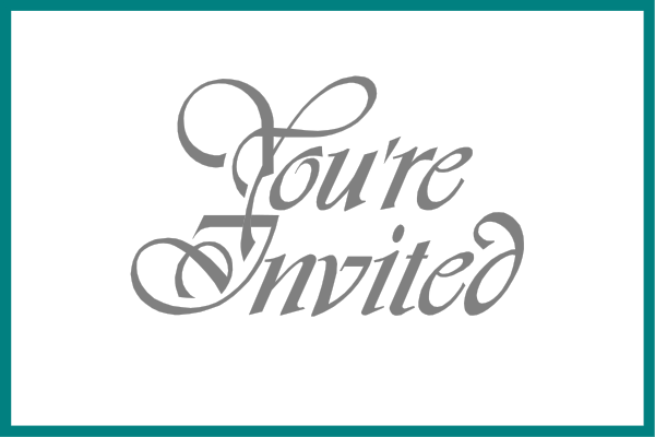 The image shows a black and white graphic with text that reads "YOU'RE INVITED" on top of an envelope-shaped border at the bottom right corner.
