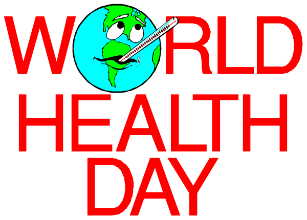 The image features a graphic with text that reads "WORLD HEALTH DAY" at the top right corner in white letters against a red background. Below this is an illustration of Earth on its side, showing continents and oceans; there's also a cartoon character resembling a green dinosaur or monster with big eyes peeking out from behind one continent to another. The text "WORLD HEALTH DAY" appears again below the globe in larger white letters against a black background, which is set within an oval shape outlined by red