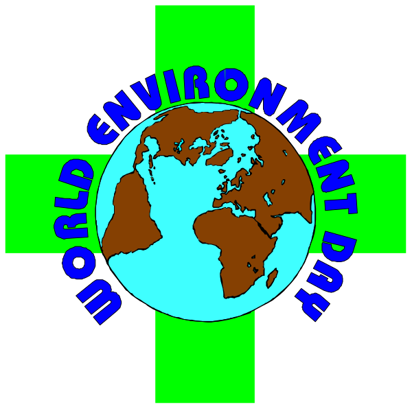 The logo features a stylized globe with landmasses atop it, representing Earth's continents; above this is text that reads "WORLD ENVIRONMENT DAY" in bold capital letters on two lines of different font sizes and colors (blue for the upper line). Below the world image are three cross-like symbols arranged vertically. The background color behind these elements appears to be black, with a green border framing them at their top edge; this gives an impression that they might represent some sort of award or recognition emblem.