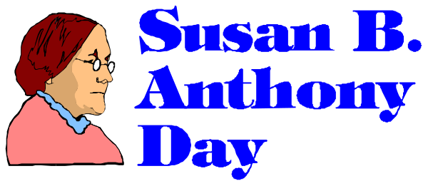 The image features a banner with text that reads "Susan B Anthony Day" at its top right corner against a blue background. Below this is an illustration of two women; one on each side, both wearing glasses and smiling towards us. They appear to be middle-aged or older adults.