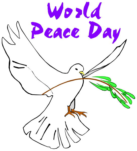 The image shows a white dove carrying an olive branch with two green leaves on it flying above text that reads "WORLD PEACE DAY."