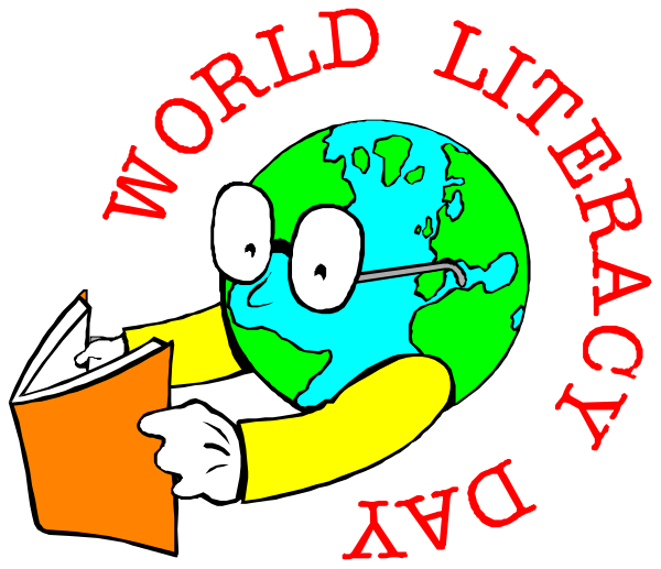 The image features a cartoon of an animated character holding books with text that reads "WORLD LITERACY DAY" in bold letters at top center.