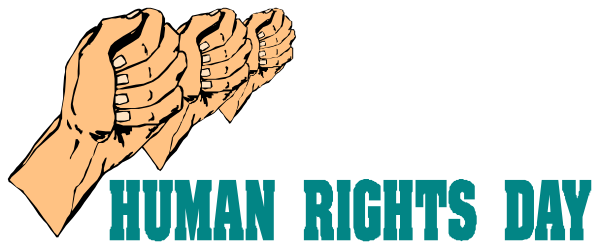 The image shows a graphic with text that reads "HUMAN RIGHTS DAY" at the bottom of five hands clapping together against a dark background.