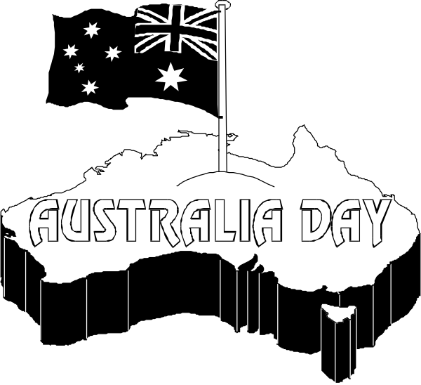 The image shows a black and white graphic with text that reads "AUSTRALIA DAY" at the top right corner of an Australian flag silhouette against a dark background.