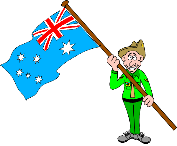The cartoon depicts a person holding an Australian flag with their left hand while standing next to another smaller flag on a pole in front of them; both flags have stars at one end.