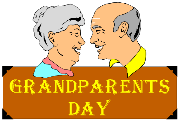The image shows a cartoon of two elderly adults with exaggerated facial expressions; behind them is text that reads "Grandparents Day."
