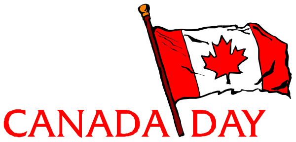 The image shows a Canadian flag with text that reads "CANADA DAY" on it above two flags of Canada waving in front of each other against a gray background.