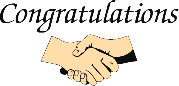 The image shows a black silhouette of two hands shaking over an envelope with text that reads "Congratulations."