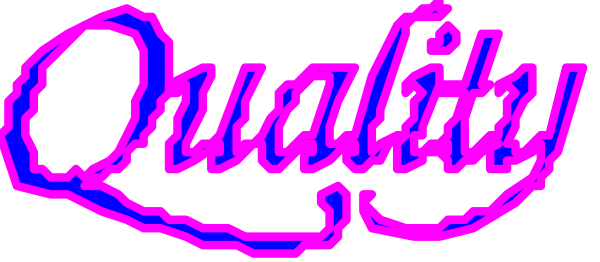 The image shows a pink text that reads "QUICKY" with an abstract background featuring various shapes and lines of different sizes in shades of purple and blue on what appears to be a gray surface.